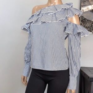 Leith Blue and White Striped One Shoulder Ruffle Blouse - NWOT